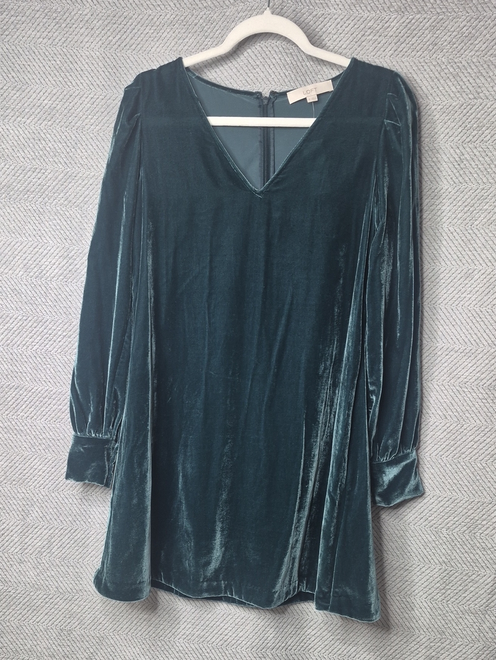 NWT LOFT Velvet V-Neck Puff Long Sleeve Tunic Mini Shift Dress Teal Women's XS
